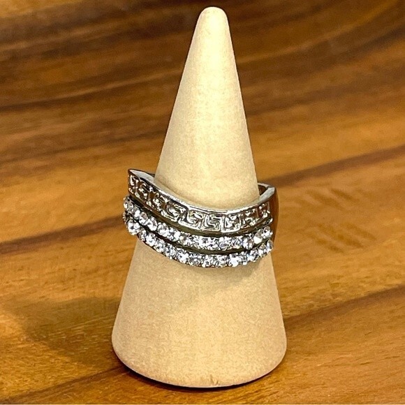 Silver Multi Line Wave Rhinestone & Ancient Egyptian Hieroglyph Ring - Picture 1 of 7